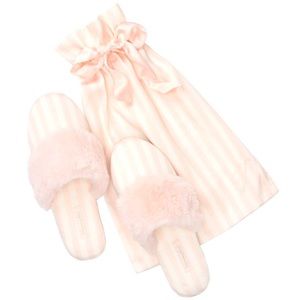 NEW Victorias Secret VS Faux Fur Pink White Stripe Classic Slippers LARGE 9 / 10